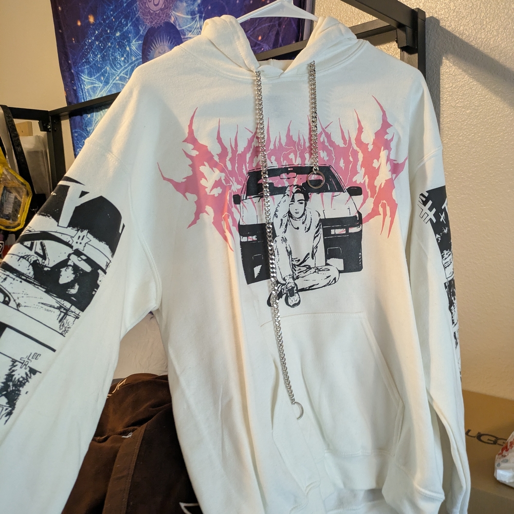 Graphic White Hoodie with Pink and Black Accents